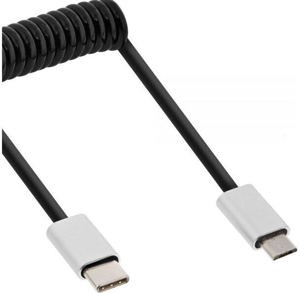 InLine USB 2.0 Spiralkabel, Typ C Stecker an A Stecker, schwarz/Alu, flexibel, 1m