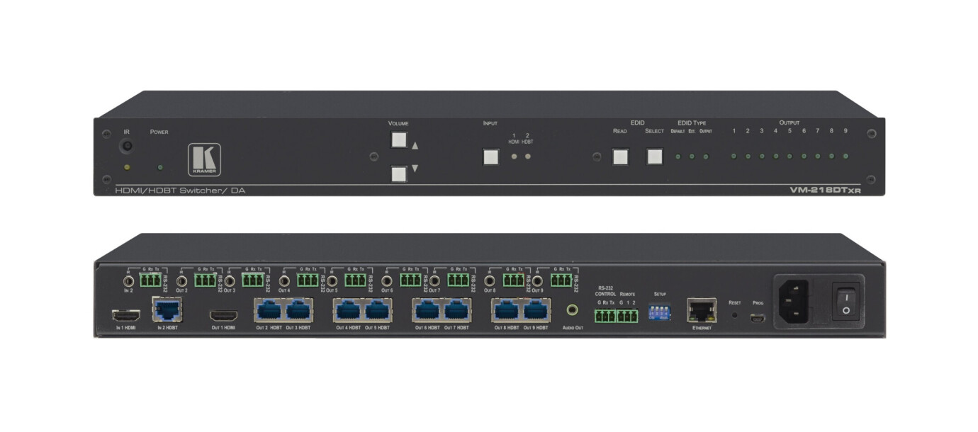 VM-218DTxr2x1: 8 4K60 4:2:0 HDMI & Extended–Reach HDBaseT mit Ethernet, RS–232, IR und Stereo Audio 