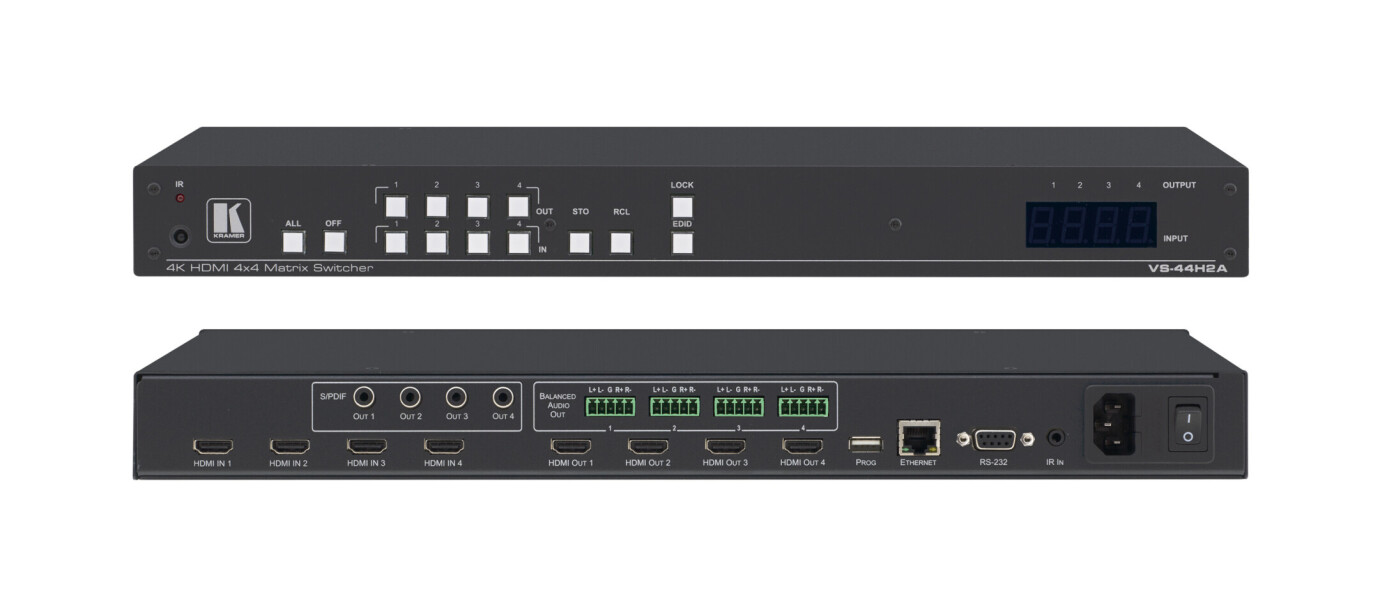 Kramer VS-44H2A4x4 4K HDR HDMI 2.0 HDCP 2.2–Matrix–Schalter mit Audio–De–Embedding