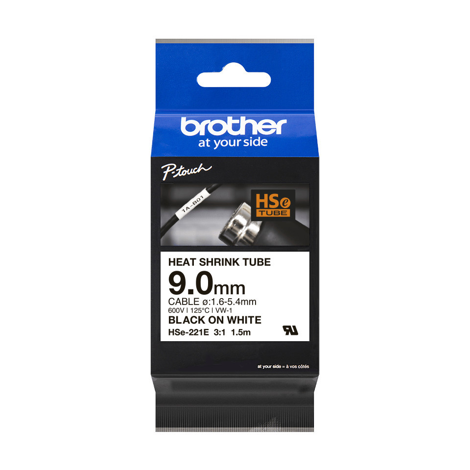 Brother HSe-221E Schrumpfschlauch schwarz/weiß 9mm/1,5m