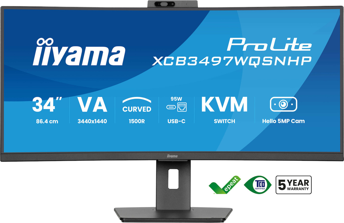 iiyama ProLite XCB3497WQSNPH-B1 34" VA UWQHD Curved Monitor mit integrierter Windows Hello Kamera & 