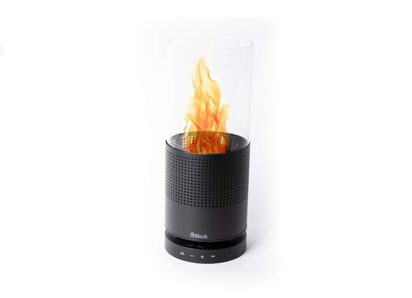 Block The Flame kabelloser Bluetooth-Lautsprecher mit Tischfeuer für gemütliches Ambiente in Schwarz