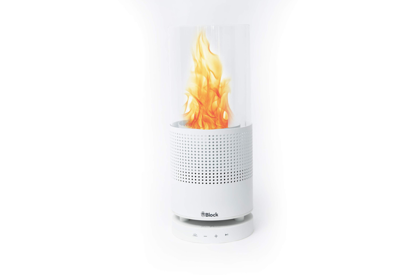 Block The Flame kabelloser Bluetooth-Lautsprecher mit Tischfeuer für gemütliches Ambiente in Weiß