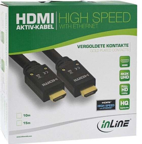 Vorschau: InLine HDMI Aktiv-Kabel, HDMI-High Speed mit Ethernet, 4K2K, Stecker / Stecker, schwarz / gold, 10m