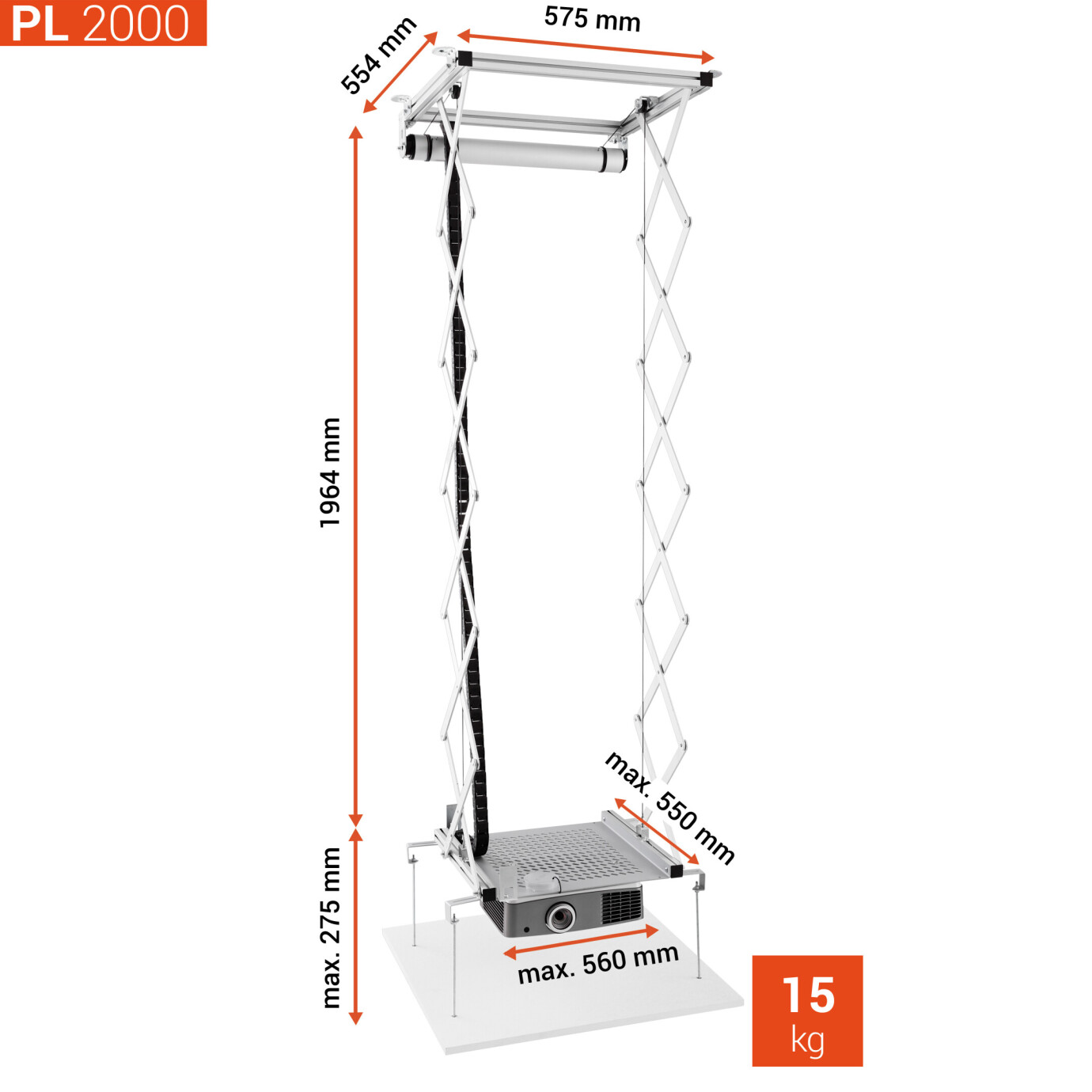 Vorschau: celexon Beamer Deckenlift PL2000 - max. ausfahrbar bis 196 cm - 15kg Traglast - Demo