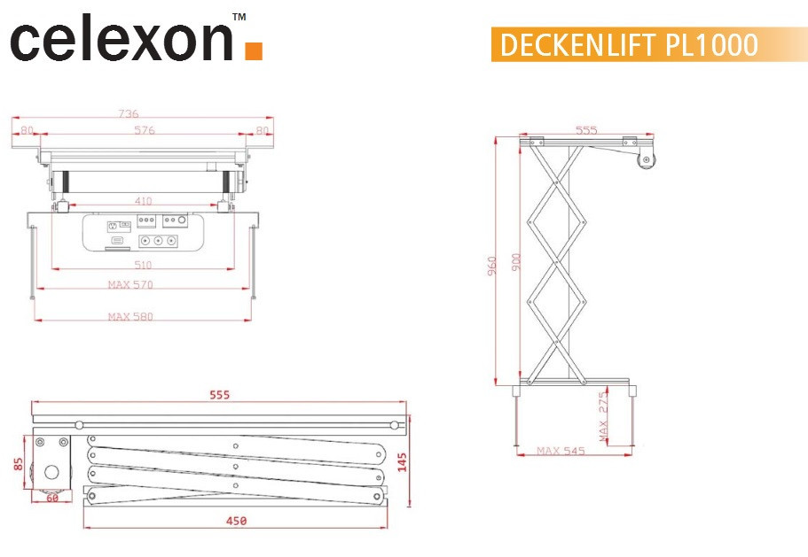 Vorschau: celexon Beamer Deckenlift PL1000 - max. ausfahrbar bis 96 cm - 15kg Traglast - Demo