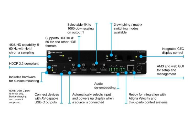 Vorschau: Atlona AT-OME-SW32 HDMI 2.0/ USB-C, Matrix, 3x2