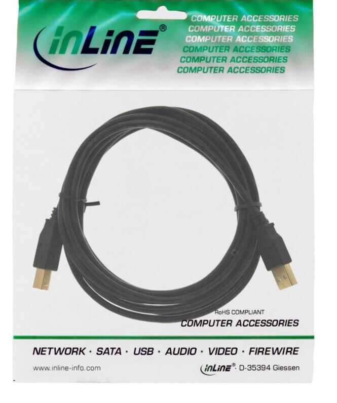 Vorschau: InLine USB 2.0 Kabel, A an B, schwarz, Kontakte gold, 1m