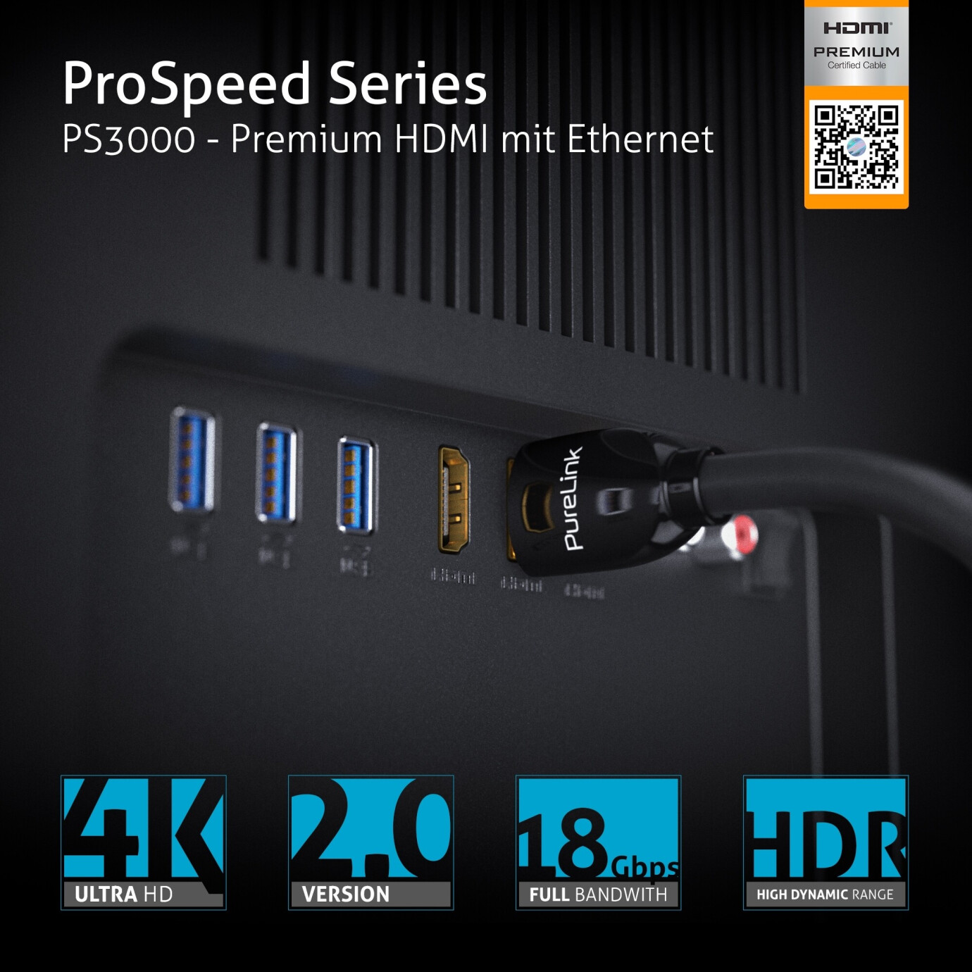 Vorschau: PureLink PS3000 - Premium Highspeed HDMI Kabel mit Ethernet (Zertifiziert) - 1,00m