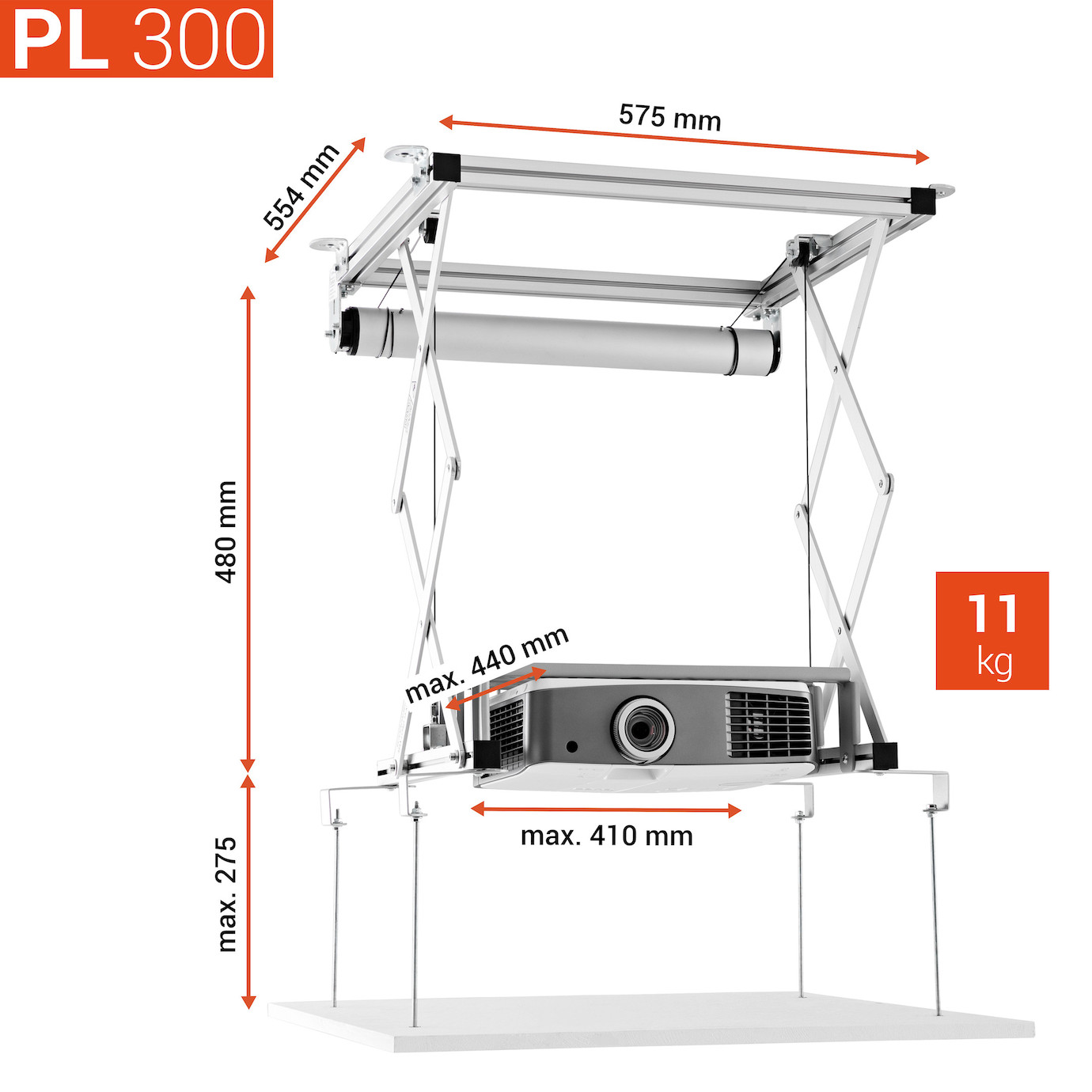 Vorschau: celexon Beamer Deckenlift PL300 - max. ausfahrbar bis 47 cm - 15kg Traglast - Demo