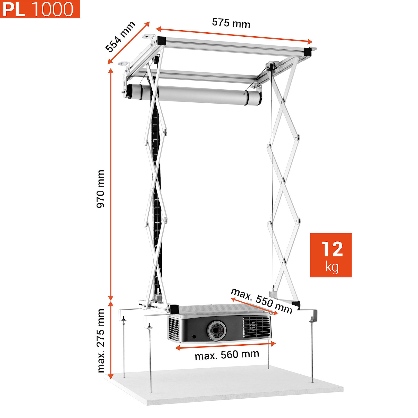 Vorschau: celexon Beamer Deckenlift PL1000 - max. ausfahrbar bis 96 cm - 15kg Traglast - Demo