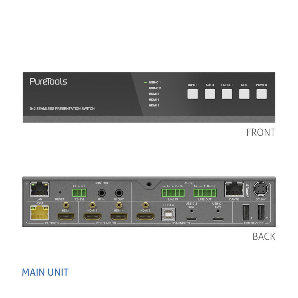 Vorschau: Purelink 18Gbps USB-C KVM-Switcher mit Dante und Multiview, 4K (60Hz 4:4:4) über USBC / HDMI+USB, in