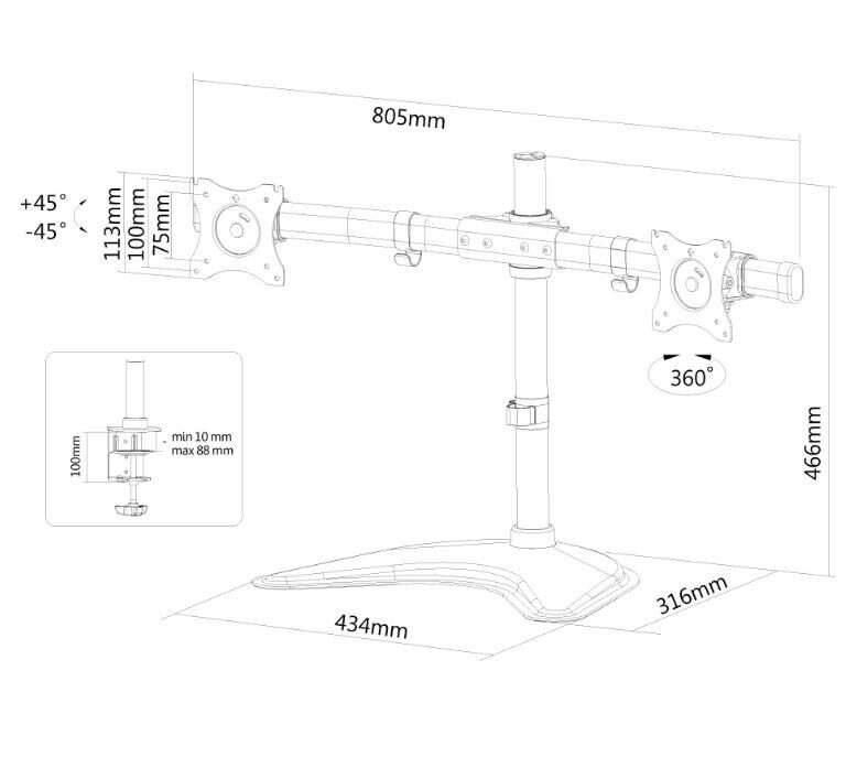 Vorschau: NewStar Flachbildschirm-Tischhalterung für zwei Flachbildschirme bis 27" (69 cm).