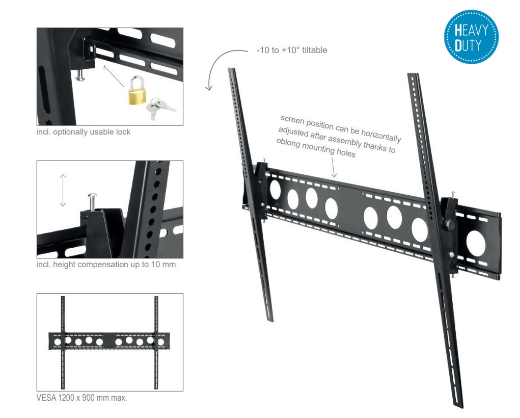 Vorschau: Hagor WH 120 T - HD - neigbare Wandhalterung -75-130" | max. VESA 1200x900 | Traglast 125 kg