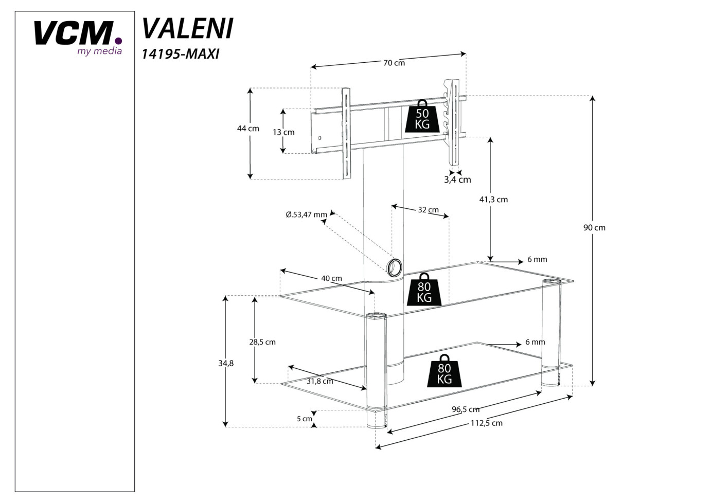 Vorschau: VCM TV-Rack mit Halterung "Valeni Maxi" Silber mit 2 Glasböden Schwarzglas 112 cm