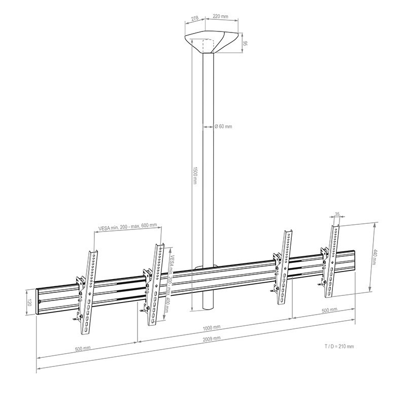 Vorschau: Hagor comPROnents® Menuboard Deckenhalterung für 2 Displays 46-65" Landscape|max. VESA 600x400