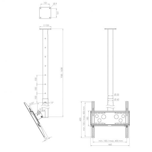 Vorschau: Hagor HA DH 900 - 1600 S - Deckenhalterung für Einzeldisplay - 32-50" | max. VESA 400x400 | Länge 90