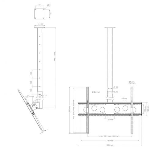 Vorschau: Hagor HA DH 900 -1600 L - Deckenhalterung für Einzeldisplay - 55-75" | max. VESA 800x600 | Länge 900