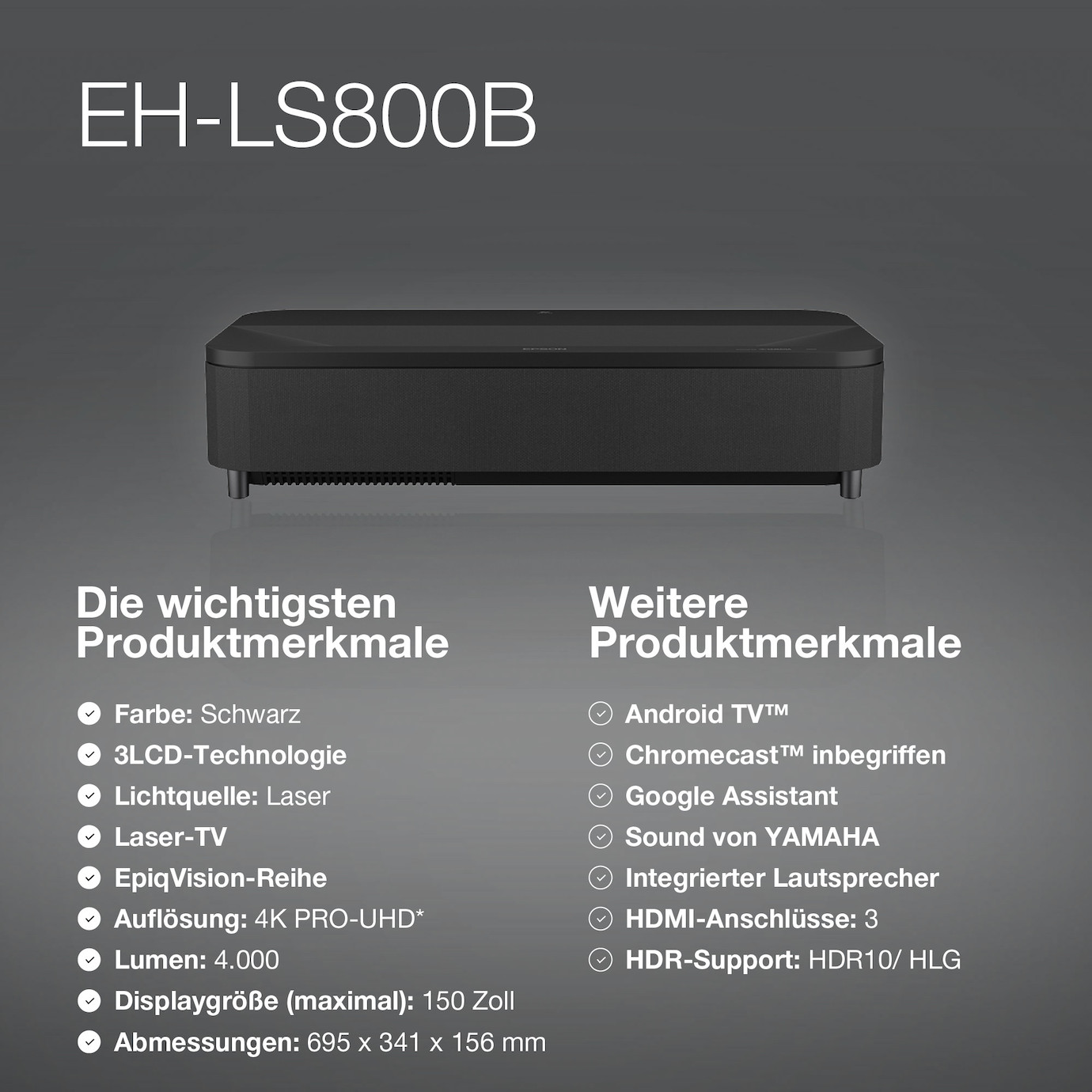 Vorschau: Epson EH-LS800B Heimkino Laser TV mit 4K HDR Auflösung und 4.000 ANSI-Lumen