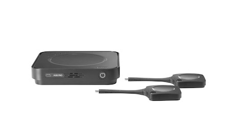 ClickShare Hub Pro modulares Videokonferenzraumsystem für Hybrid-Meetings mit zwei ClickShare Button
