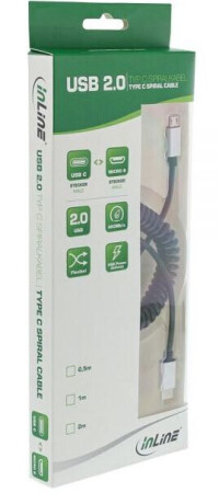 InLine USB 2.0 Spiralkabel, Typ C Stecker an Micro-B Stecker, schwarz/Alu, flexibel, 0,5m