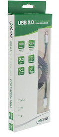 InLine USB 2.0 Spiralkabel, Typ C Stecker an A Stecker, schwarz/Alu, flexibel, 3m