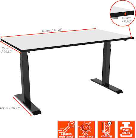 celexon höhenverstellbarer Schreibtisch Pro eAdjust-58123 - schwarz, inkl. HPL Tischplatte 125 x 75