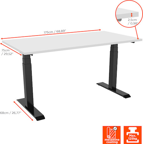 celexon höhenverstellbarer Schreibtisch Pro eAdjust-58123 - schwarz, inkl. Tischplatte 175 x 75 cm