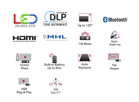 LG PH30JG Mini Beamer mit 250 ANSI-Lumen und WXGA Auflösung