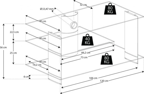 VCM TV-Rack für Subwoofer "Subuso" Schwarz mit 3 Glasböden Schwarzglas 120 cm