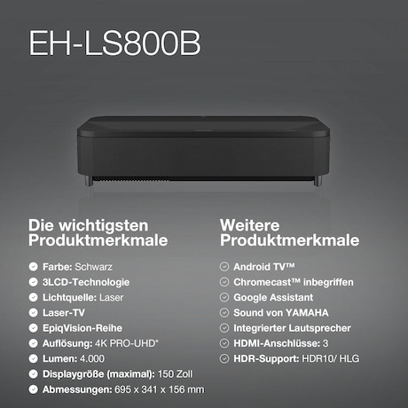 Epson EH-LS800B Heimkino Laser TV mit 4K HDR Auflösung und 4.000 ANSI-Lumen